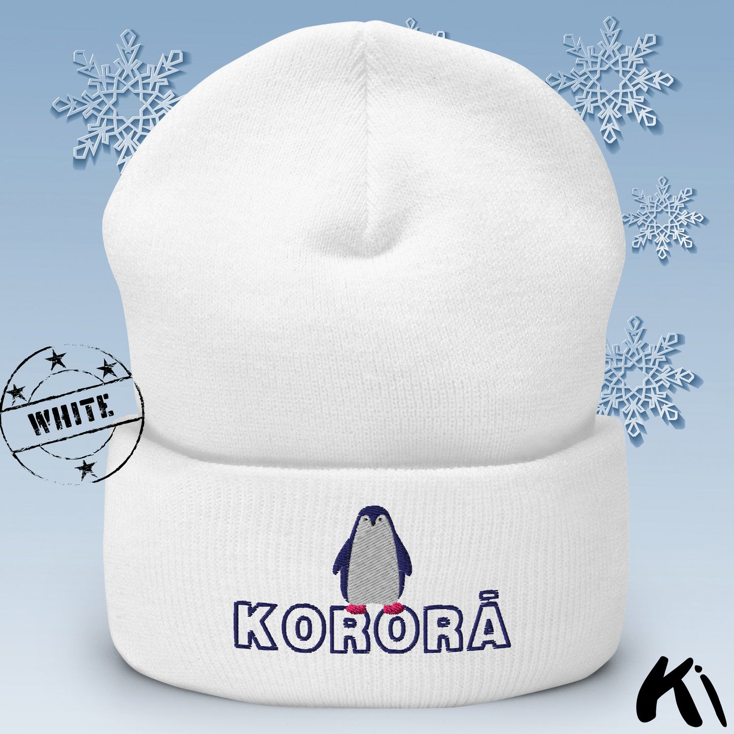 KORORĀ Little Blue Penguin Embroidered Cuffed Beanie