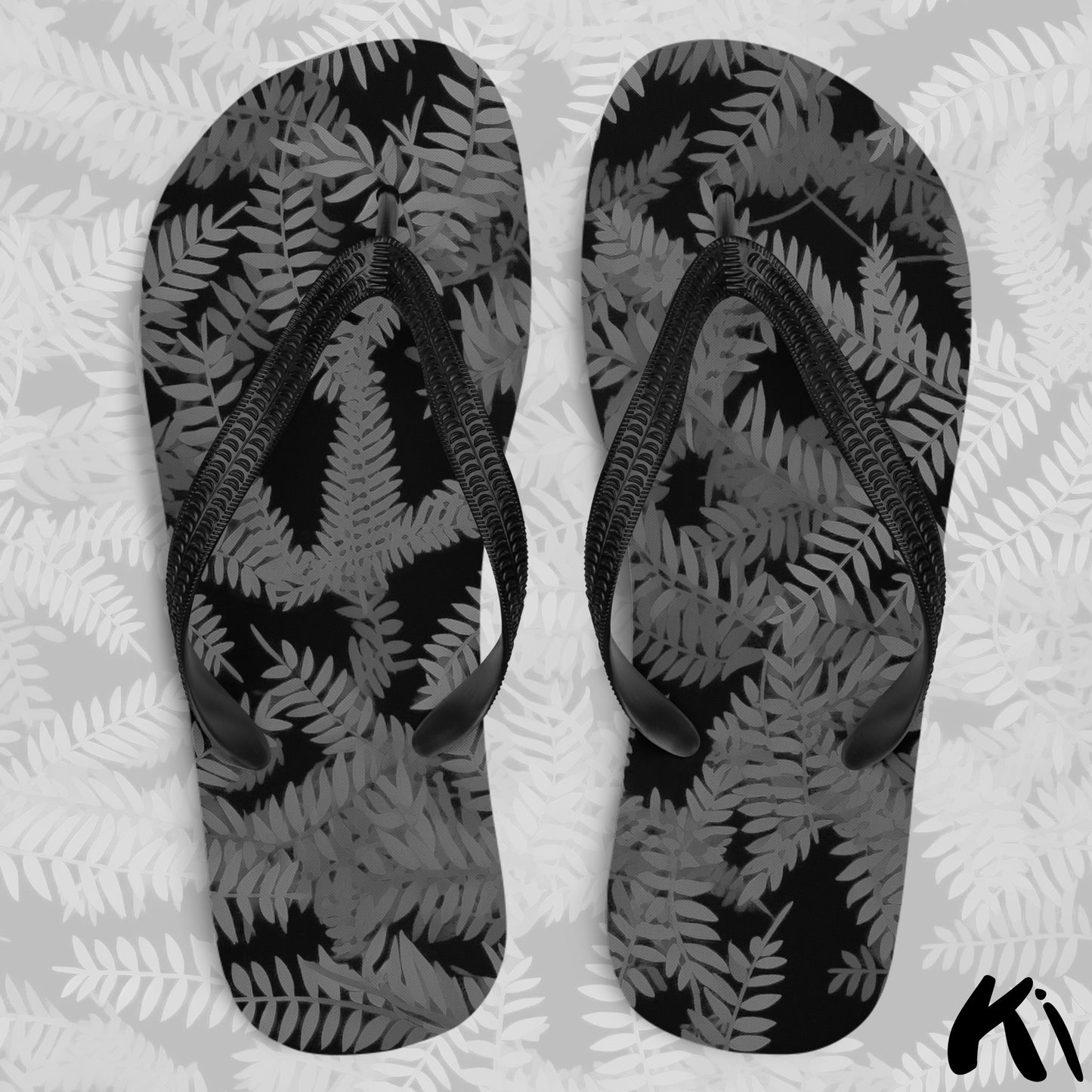 Black & Grey FERN LEAF Jandals