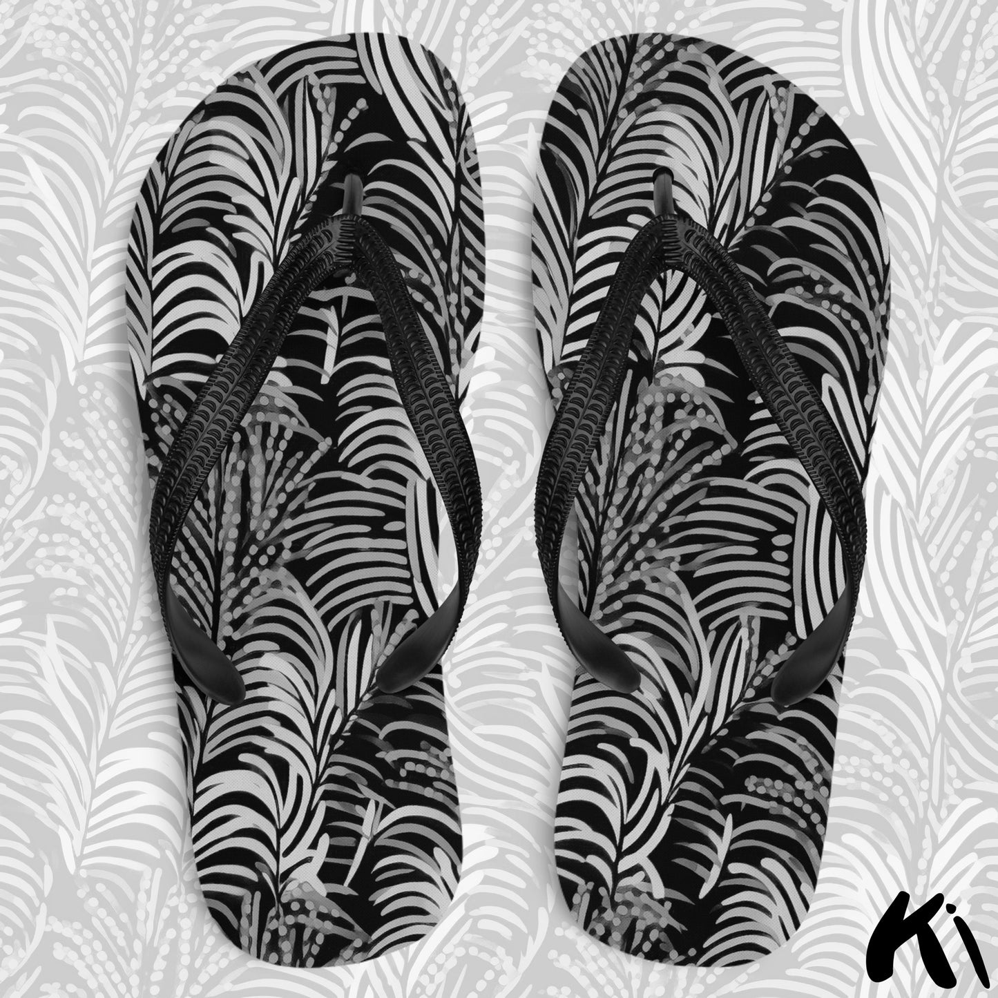 Black & Grey FERN LEAF Jandals