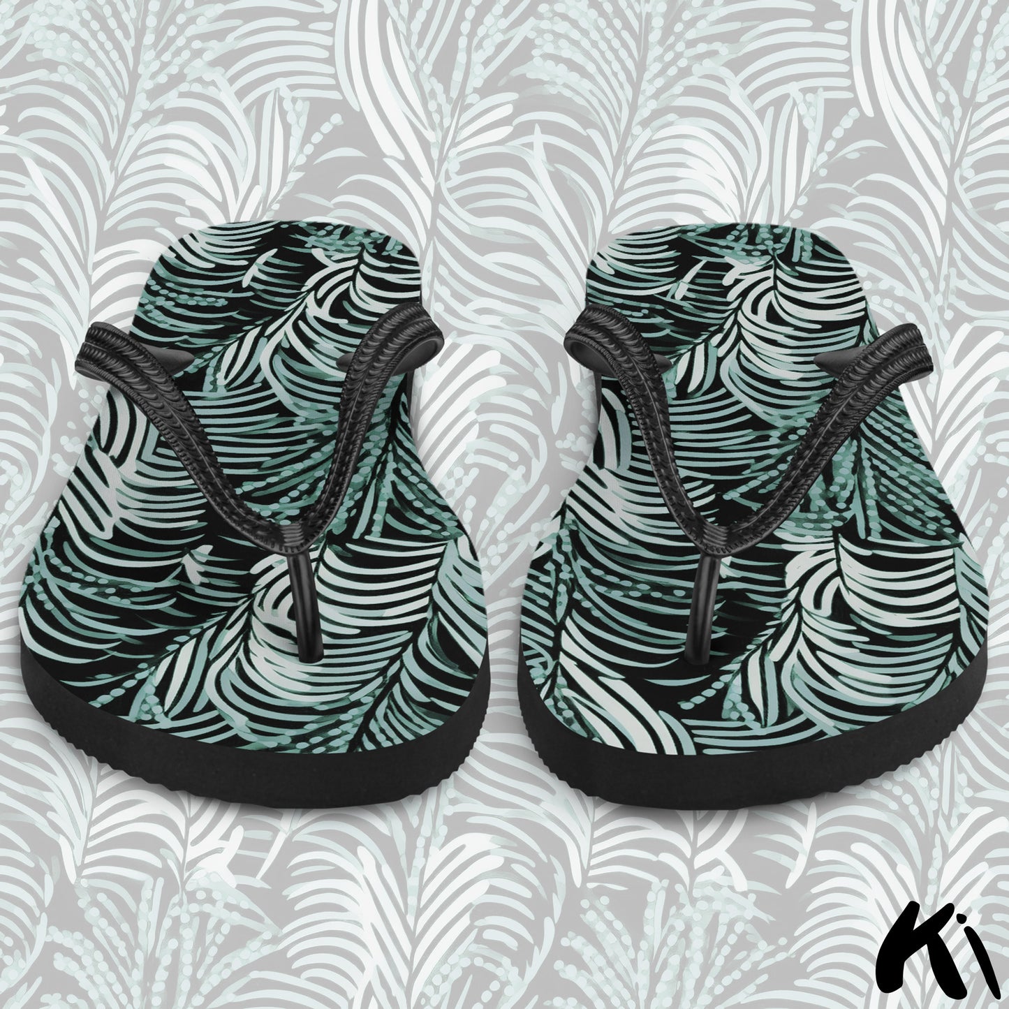 Black & Teal FERN LEAF Jandals