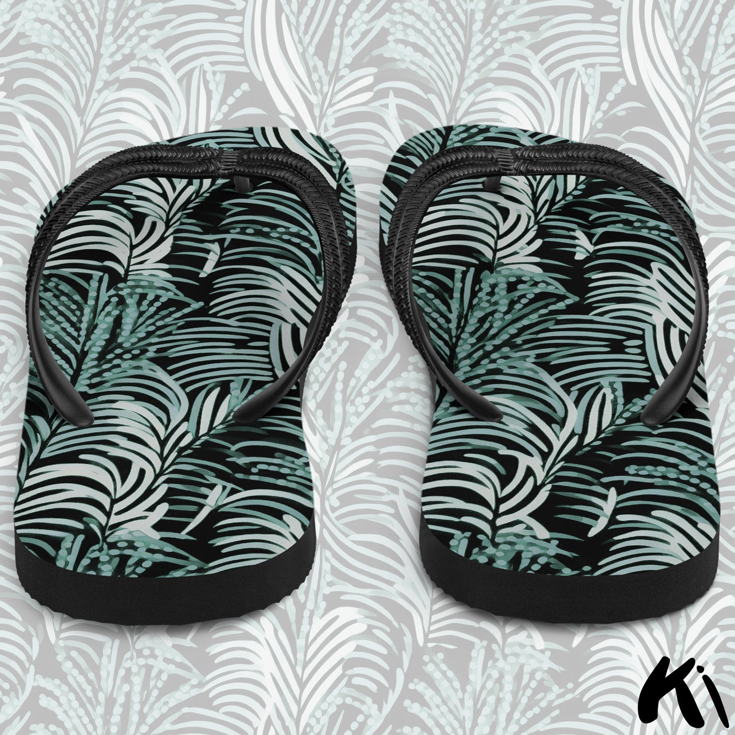 Black & Teal FERN LEAF Jandals