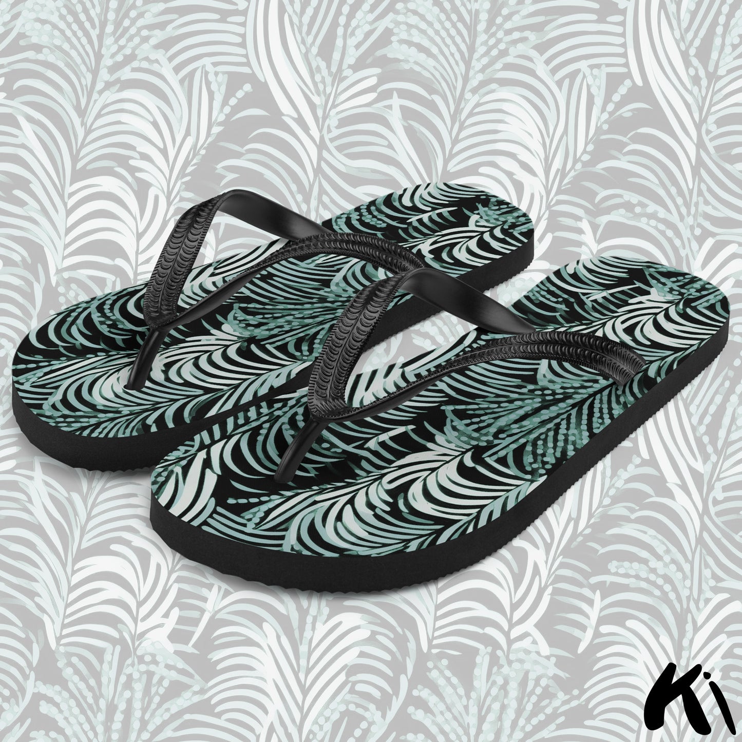 Black & Teal FERN LEAF Jandals