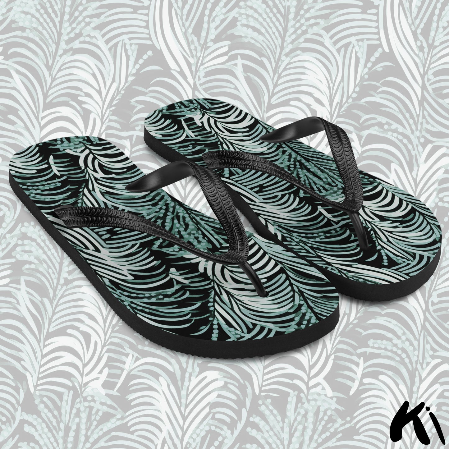 Black & Teal FERN LEAF Jandals