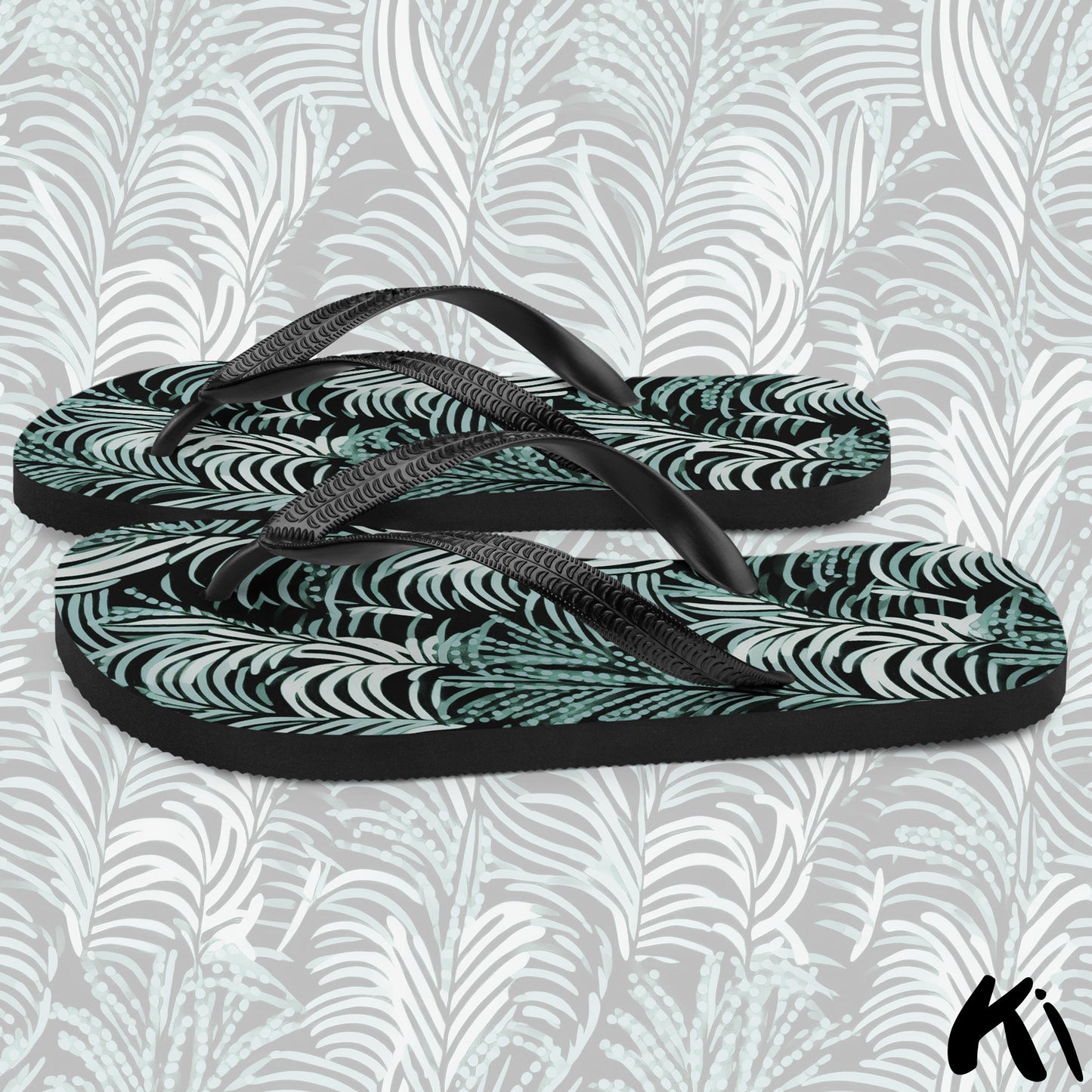 Black & Teal FERN LEAF Jandals