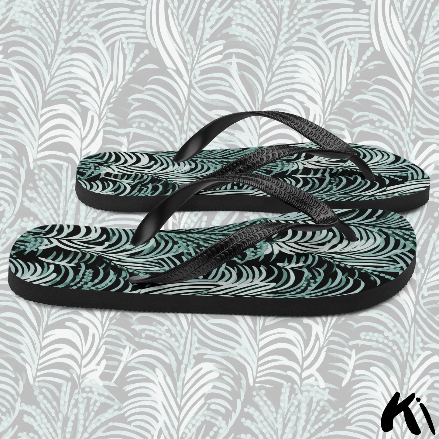 Black & Teal FERN LEAF Jandals