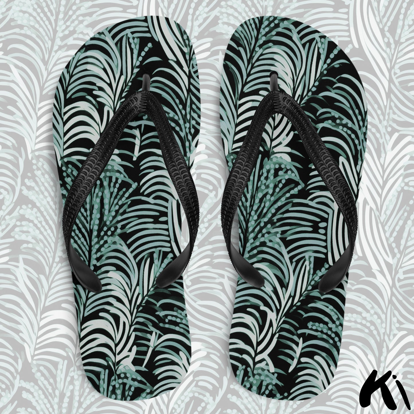 Black & Teal FERN LEAF Jandals