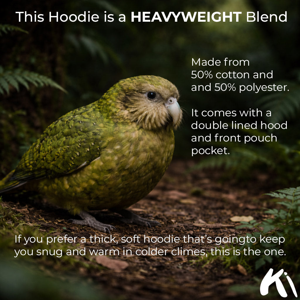 Green Kakapo parrot on a forest floor with text about a heavyweight hoodie. 