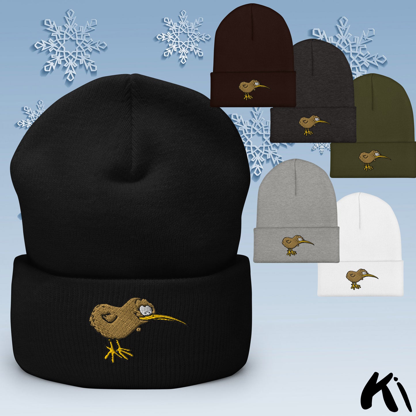 KIWI BIRD Embroidered Cuffed Beanie