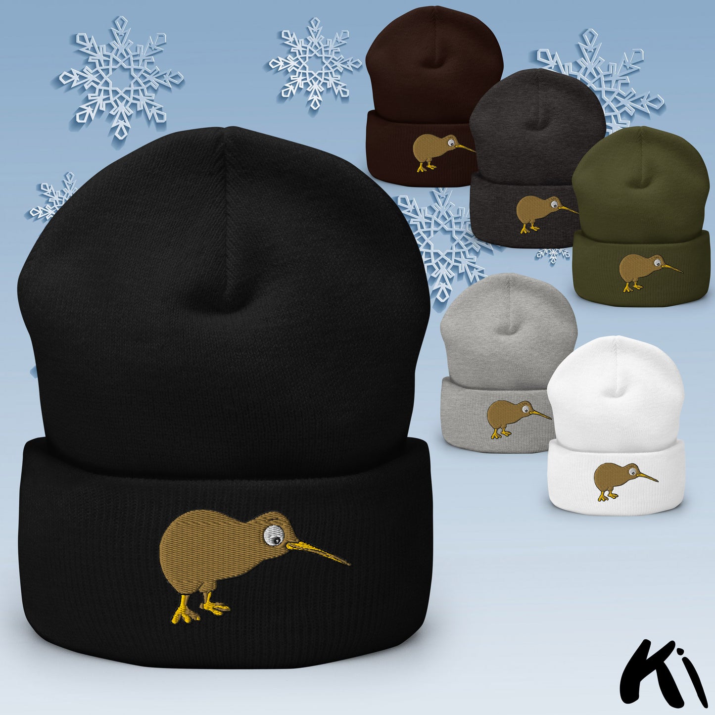 KIWI BIRD Embroidered Cuffed Beanie