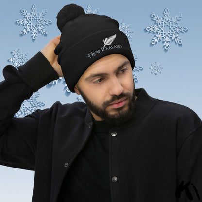 SILVER FERN NEW ZEALAND Embroidered Pom-Pom Beanie