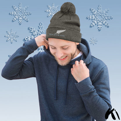 SILVER FERN NEW ZEALAND Embroidered Pom-Pom Beanie