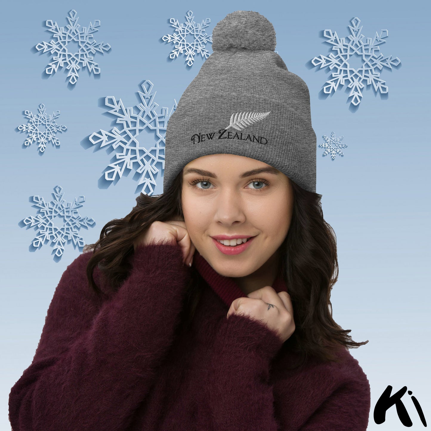 SILVER FERN NEW ZEALAND Embroidered Pom-Pom Beanie