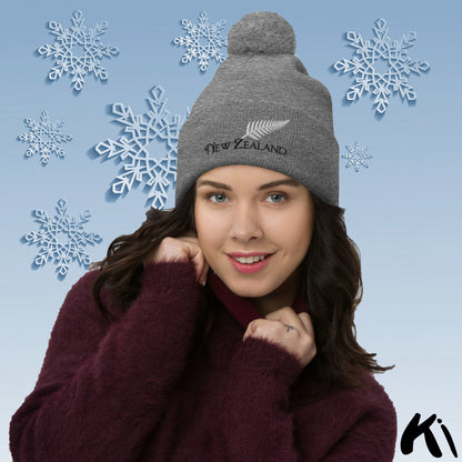 SILVER FERN NEW ZEALAND Embroidered Pom-Pom Beanie