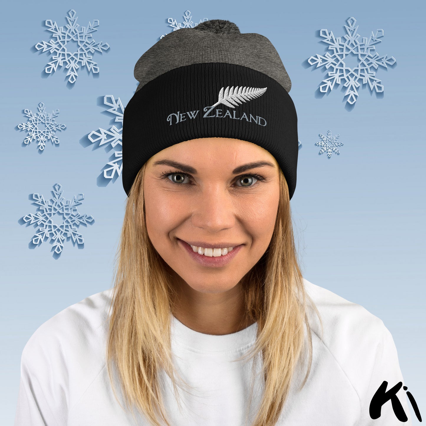 SILVER FERN NEW ZEALAND Embroidered Pom-Pom Beanie