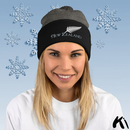 SILVER FERN NEW ZEALAND Embroidered Pom-Pom Beanie