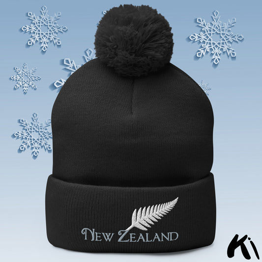 SILVER FERN NEW ZEALAND Embroidered Pom-Pom Beanie