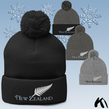 SILVER FERN NEW ZEALAND Embroidered Pom-Pom Beanie