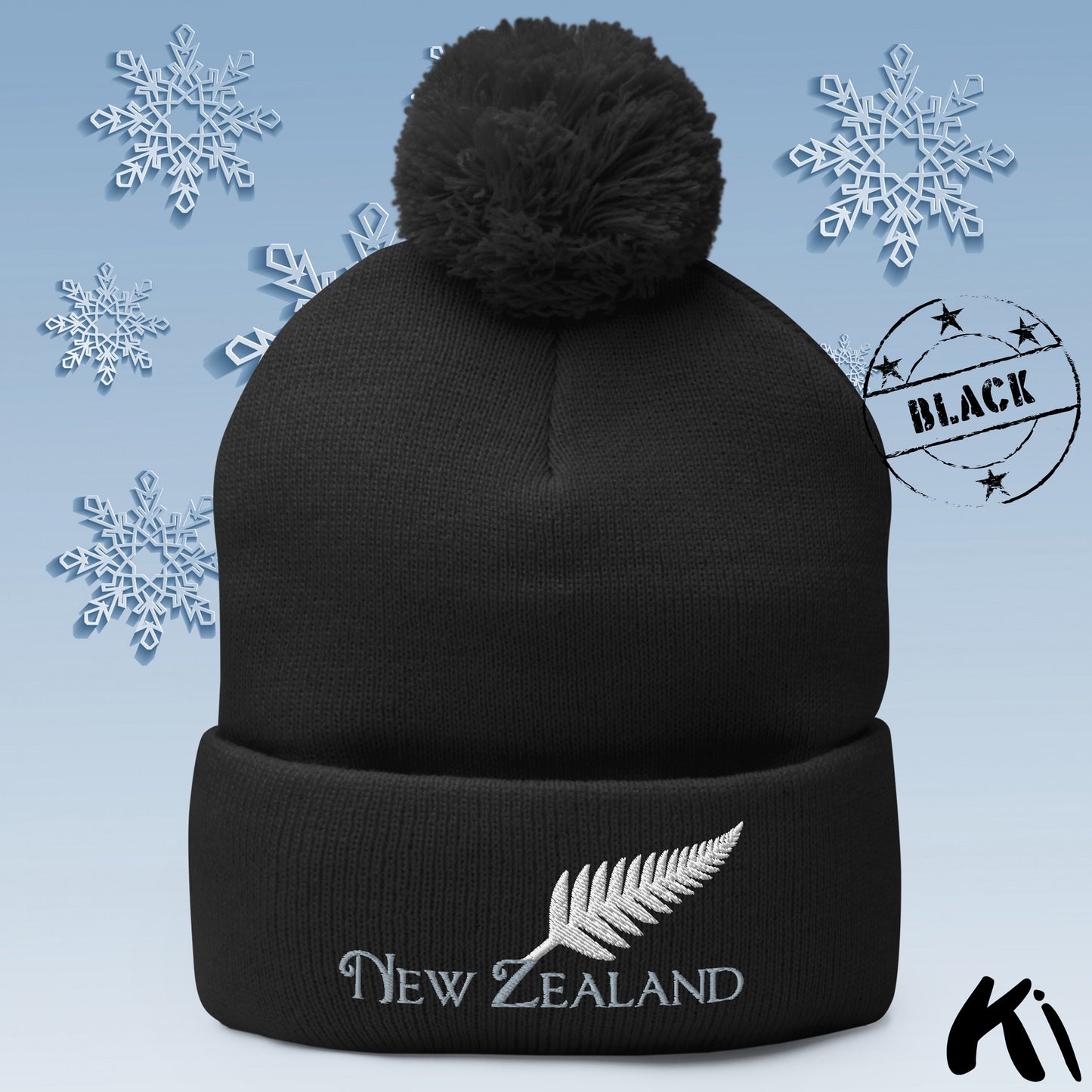 SILVER FERN NEW ZEALAND Embroidered Pom-Pom Beanie