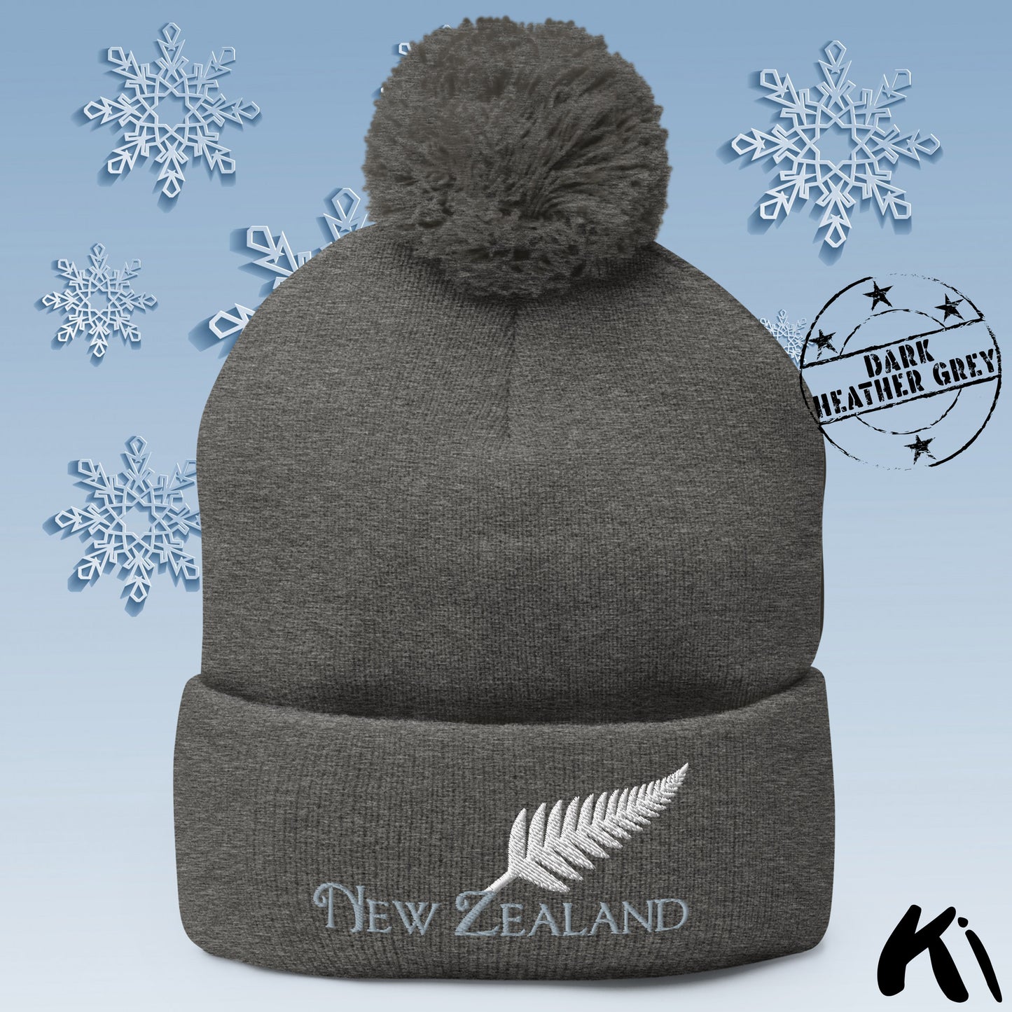 SILVER FERN NEW ZEALAND Embroidered Pom-Pom Beanie