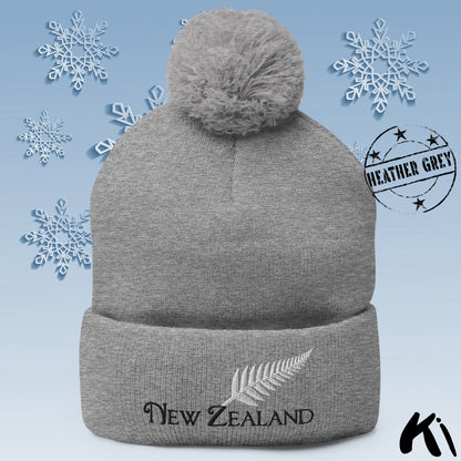 SILVER FERN NEW ZEALAND Embroidered Pom-Pom Beanie