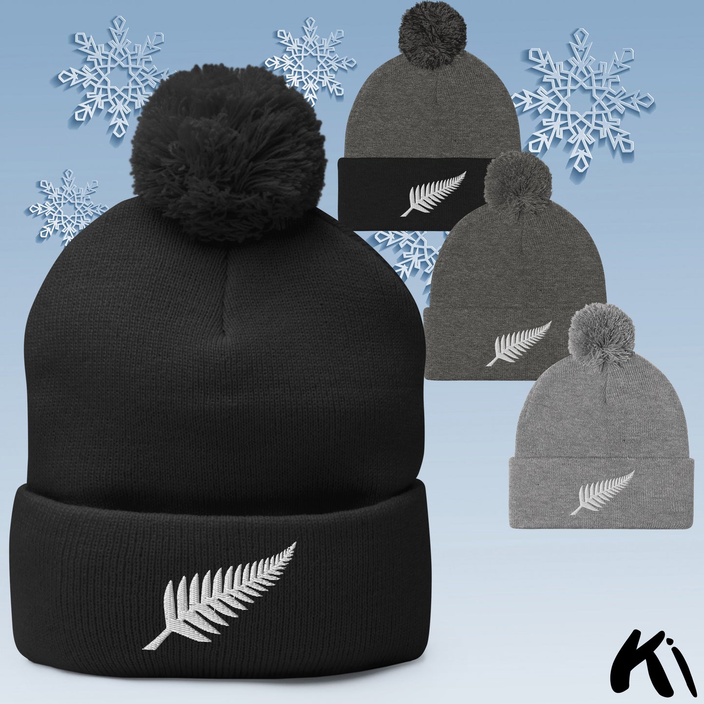 SILVER FERN Embroidered Pom Pom Beanie