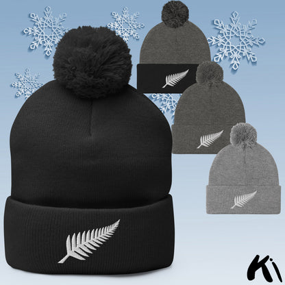 SILVER FERN Embroidered Pom Pom Beanie