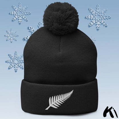 SILVER FERN Embroidered Pom Pom Beanie