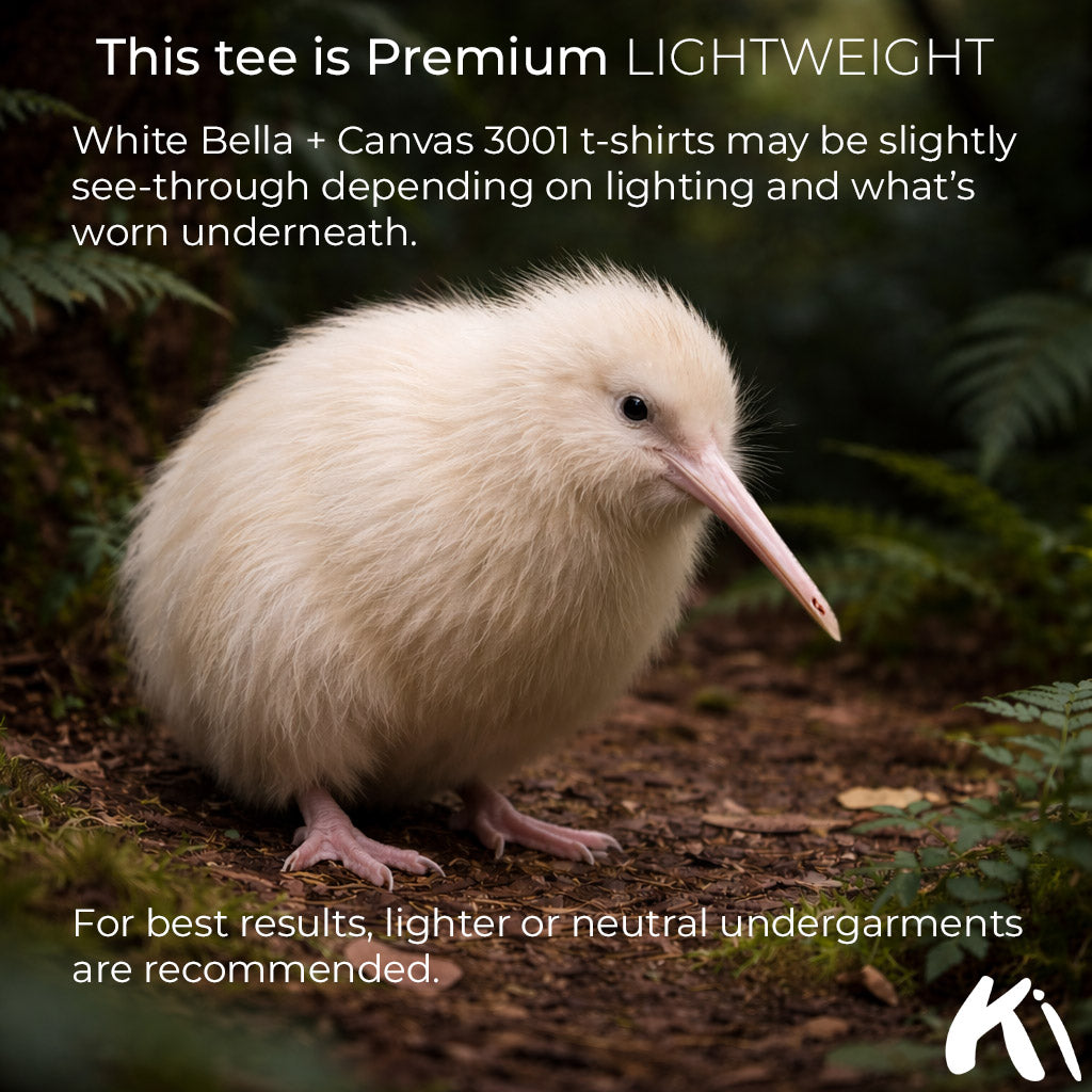 White kiwi bird in a natural setting with promotional text about a t-shirt.