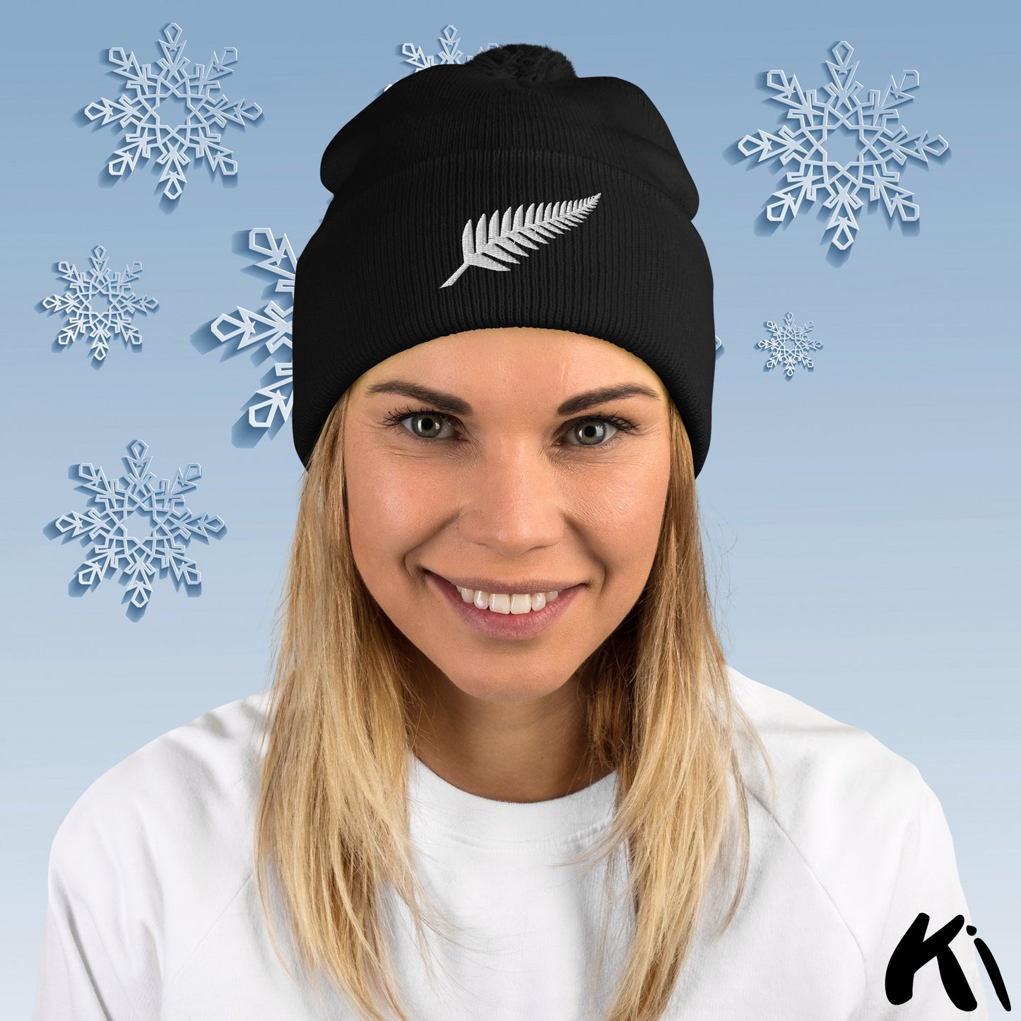SILVER FERN Embroidered Pom Pom Beanie
